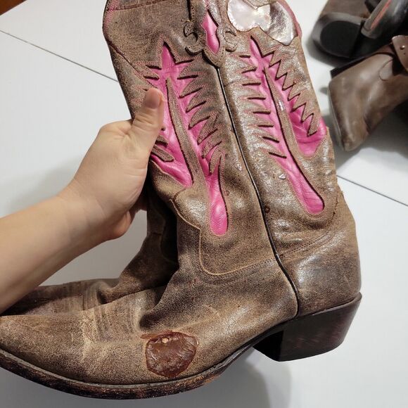 Johnny Ringo Women 8 1/2 B Riding Boot Brown Pink Point Toe Mid Calf Leather - Picture 3 of 15